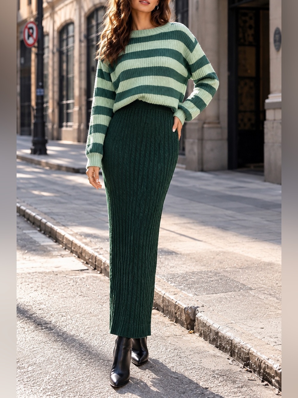 Beginning Boutique Dark Green Ribbed Knit Maxi Skirt